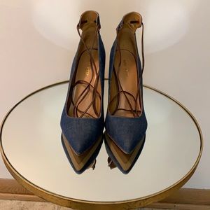 Nine West denim, leather lace up stilettos